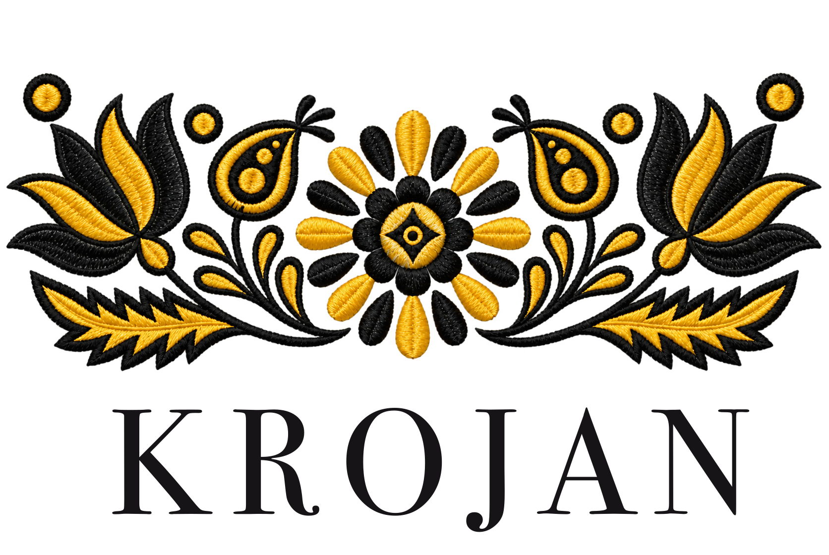KROJAN — čierno-zlaté logo s textúrou výšivky